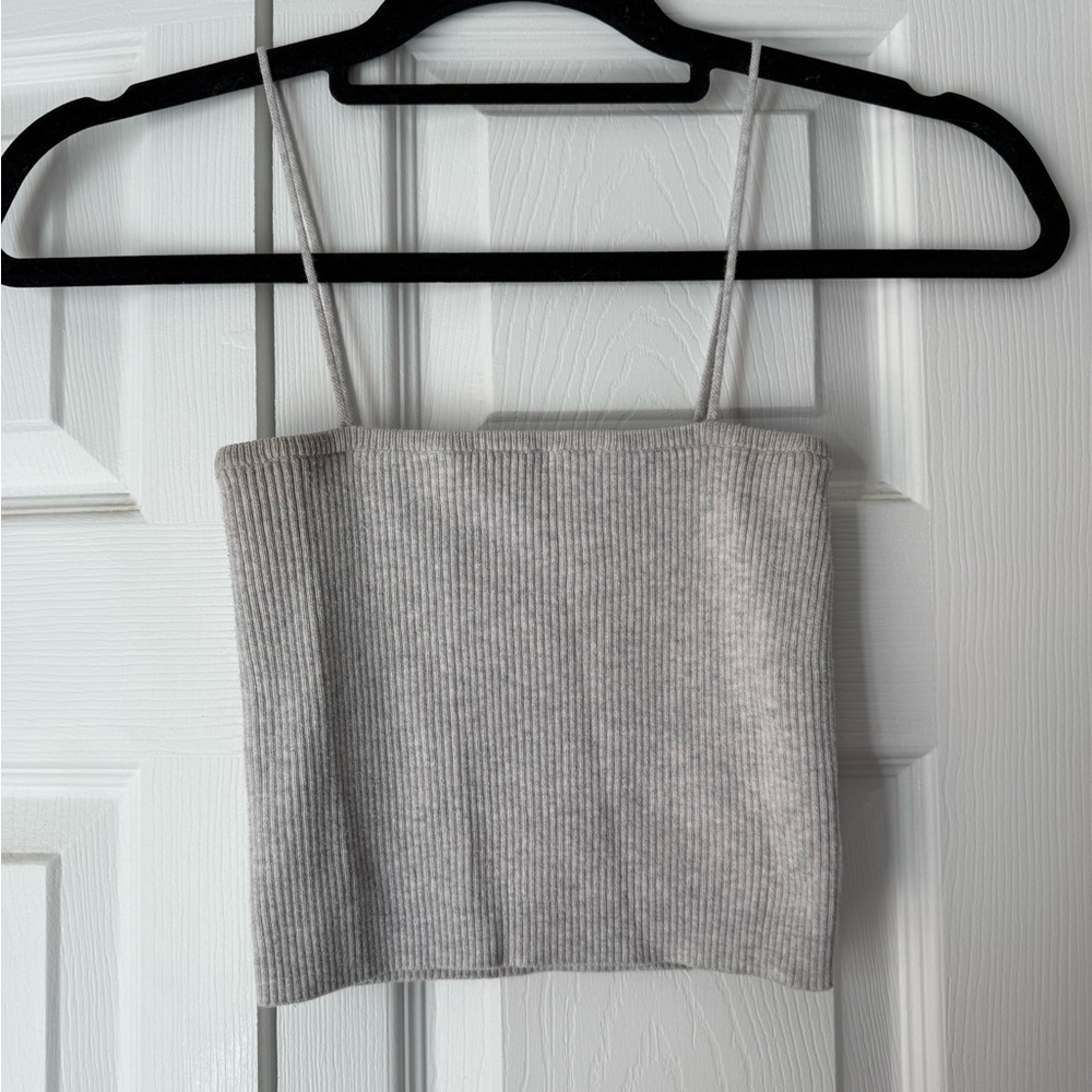 Brandy Melville Light Gray Ribbed Spaghetti Strap Crop Top